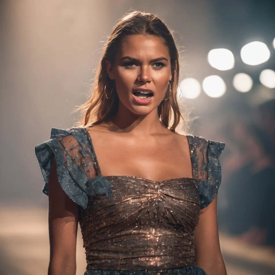 Composite: a woman on a catwalk in a copper dress under warm stage light