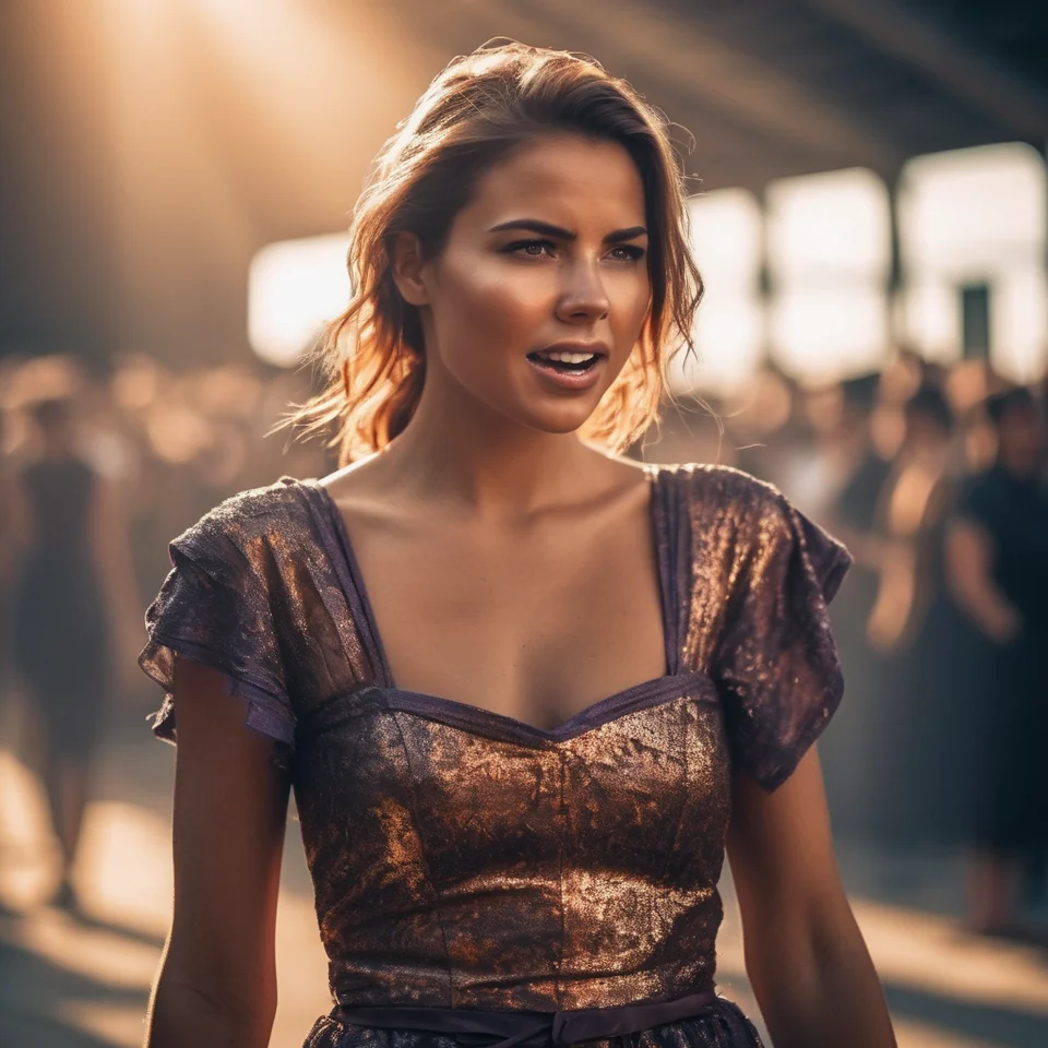 LoRASpace: a woman on a catwalk in a copper dress with god rays, generated in one pass